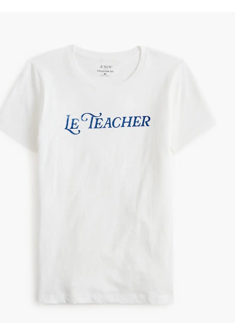 NWT J. Crew Factory 'Le Teacher' White Collectors Tee with Blue Script Size XXS
